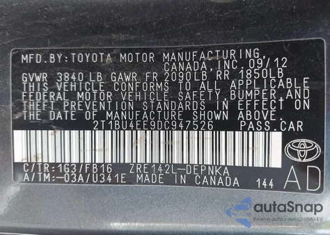 2013 Toyota Corolla S/Le from USA, damaged, VIN 2T1BU4EE9DC947526